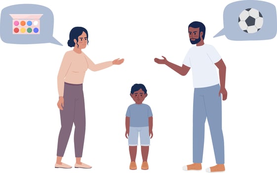 Parents quarreling about boy kid interests semi flat color vector characters