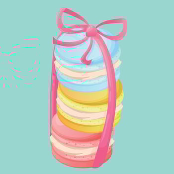 Cute stack of macaroons with a pink bow. Blue, yellow and pink macaroons. Postcard for confectionery or the pastry chef vector