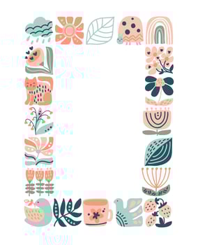 Vector spring ethnic logo composition pattern frame tile mosaic of bird, flower, leaf, strawberry and branch. Cute boho illustration in hand drawn constructor in square for scandinavian greeting card