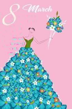 March 8, postcard. Girl in a dress of blue flowers. vector