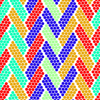 Braid seamless pattern with small dots. Knots. Repeat. Mosaic. Abstract art. Wrapping paper, print, textile, fabric. Red, orange and different blue colors. vector