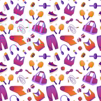 Seamless patten sports items. Sportswear, sneakers, ping pong rackets, bag, headphones, mat, jump rope, dumbbells, press roller. Repeatable background for printing scrapbooking, textile and fitness. vector