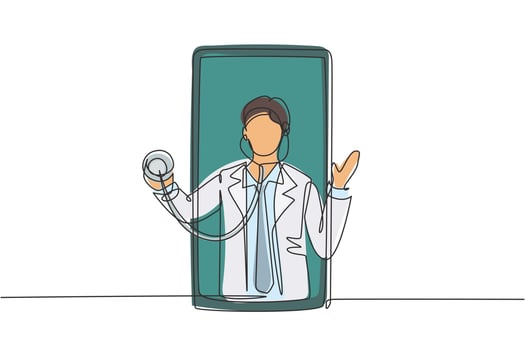 Continuous one line drawing male doctor comes out of smartphone screen holding stethoscope. Online medical services, medical consultation concept. Single line draw design vector graphic illustration