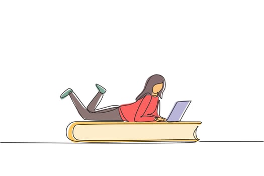 Single one line drawing young female with laptop laying down on big book. Freelance, distance learning, online courses, studying concept. Modern continuous line draw design graphic vector illustration