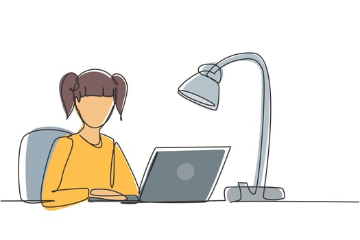 Single continuous line drawing girl studying with laptop and study lamp sitting on chair around desk. Back to school, online education concept. Dynamic one line draw graphic design vector illustration