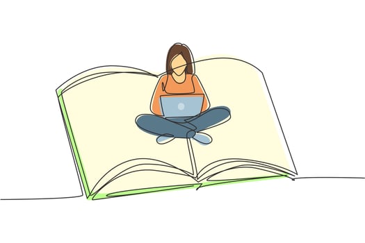 Continuous one line drawing young female with laptop sitting on open big book. Freelance, distance learning, online courses, and studying concept. Single line draw design vector graphic illustration