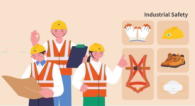 A collection of construction workers and safety equipment. vector