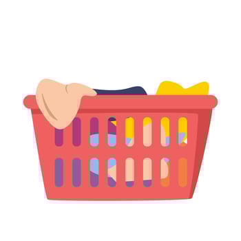 Laundry basket with dirty clothes in flat style vector illustration. Simple red plastic laundry basket clipart cartoon style, hand drawn doodle. Cute vector illustration isolated on white background
