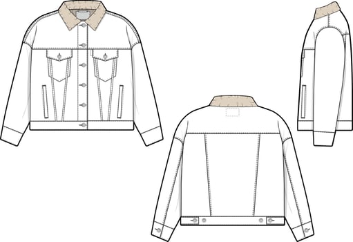 Women oversized sherpa denim jacket trucker vector flat technical drawing illustration mock-up template for design and tech packs fashion CAD streetwear fashion brand design tool resource file baggy.