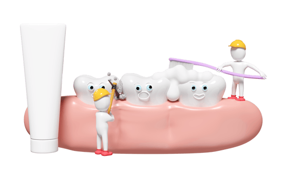 3d stick man miniature cleaning plaque, limestone, dental molar teeth model icon with toothbrush, toothpaste tube, gums, bubble isolated. health of white teeth, oral care, 3d render png