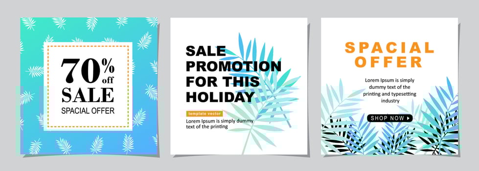 Set for square web banner for social media post design template. summer sale promotion. discount backgrounds with tropical pattern. mobile apps advertising. vector