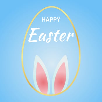 Easter card with bunny ears and gold frame with space for text. Easter Bunny with the inscription Happy Easter on a blue background. vector