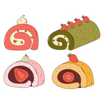 Traditional Japanese food. Asian cake roll with strawberry. Vector illistration