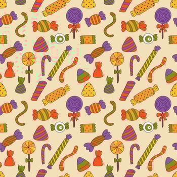 Colorful halloween sweets seamless pattern. Halloween elements. Trick or treat concept. vector