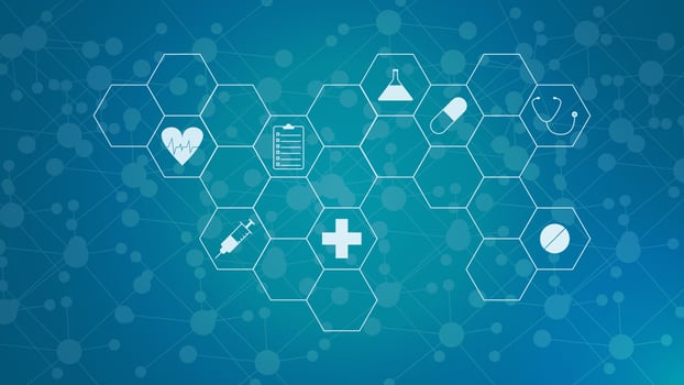 Healthcare and technology concept with icons. Minimal background for pharmaceutical industry, health care business, medicine, medical research and science. Vector illustration.