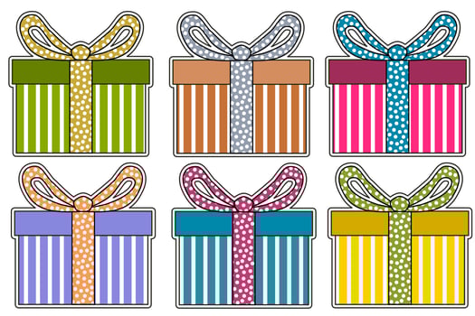 Gift boxes sticker, presents isolated on white. Colorful wrapped. Sale, shopping concept. Collection for Birthday, Christmas. Cartoon flat design vector. free vector