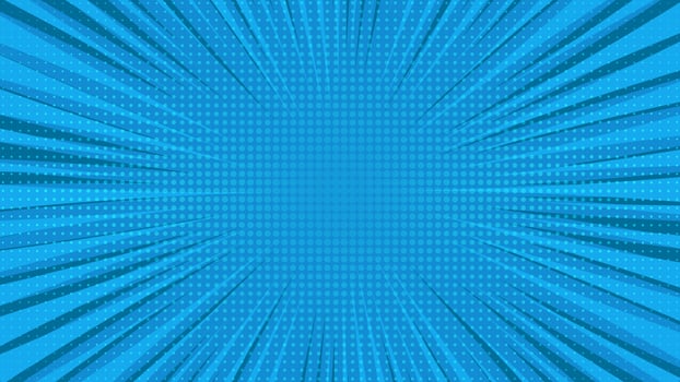 Blue comic book page background in pop art style with empty space. Template with rays, dots and halftone effect texture. Vector illustration
