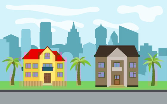 Vector city with two two-story cartoon houses and palm trees in the sunny day. Summer urban landscape. Street view with cityscape on a background