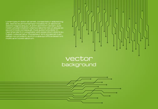 Abstract technological green background with elements of the microchip. Circuit board background texture. Vector illustration.
