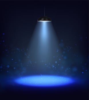 3d realistic vector light effect. Lamp illuminated spotlight on dark background with  blue glow.