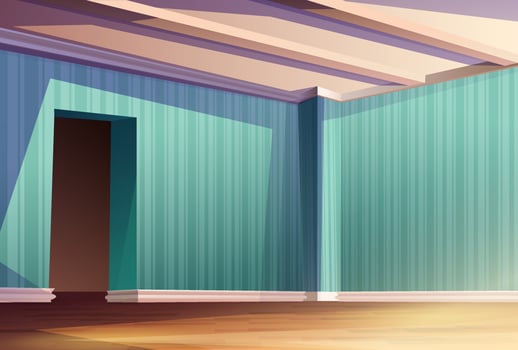 Vector cartoon style empty room. Living room, hall, bedroom or office. Wooden floor, wallpaper, door passage.