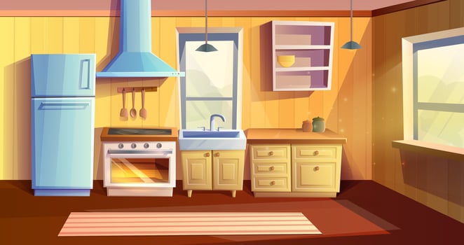 Vector cartoon style illustration of kitchen room. Fridge, oven with a stove and hob, sink, kabinets and extractor hood.