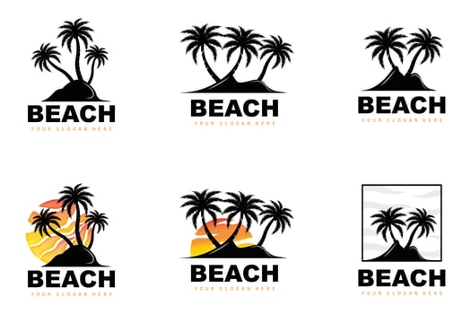Coconut Tree Logo With Beach Atmosphere, Beach Plant Vector, Sunset View Design vector