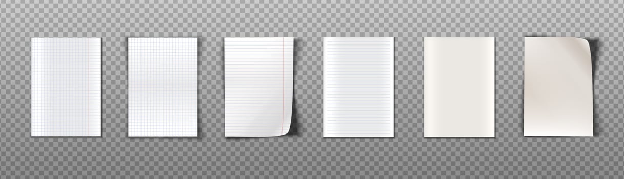 3d realistic vector collection of paper sheets with different texture for notes. Isolated on transparent background.