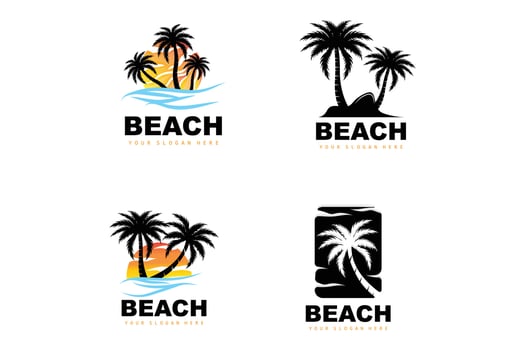 Coconut Tree Logo With Beach Atmosphere, Beach Plant Vector, Sunset View Design vector