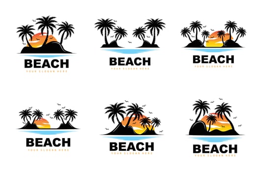 Coconut Tree Logo With Beach Atmosphere, Beach Plant Vector, Sunset View Design vector
