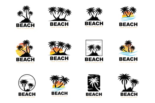 Coconut Tree Logo With Beach Atmosphere, Beach Plant Vector, Sunset View Design vector