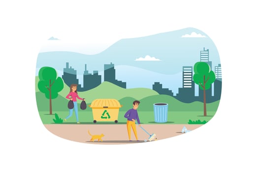 Illustration People collect and sort garbage in city park vector flat illustration. Men and woman taking care of the planet by collecting waste in bags. Suitable for Diagrams, Infographic, Game Asset