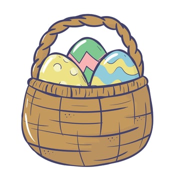 Doodle cartoon wicker basket with easter eggs vector
