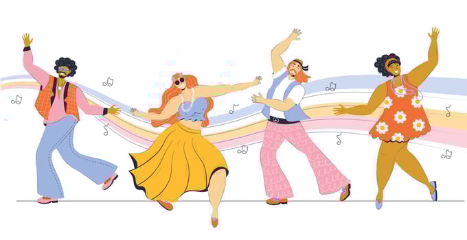 group of young hippie women and men dancing against the backdrop of rainbow waves of retro songs vector