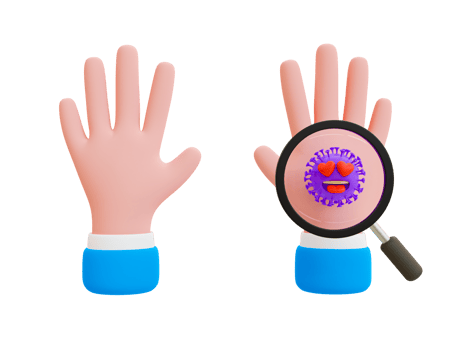 3d health care concept. pathogens detected. Bacteria protection. Annual Health Check-Ups. Magnifying glass and bacterial cell on the human palm. 3d illustration. png