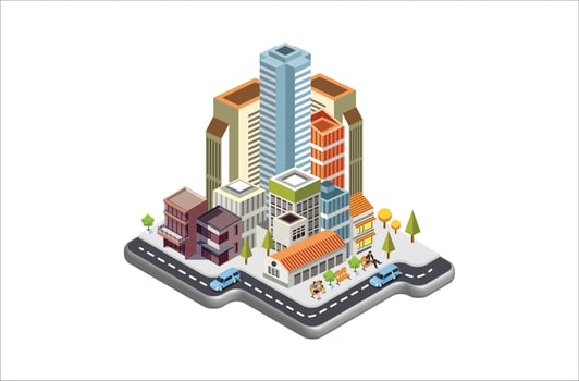 Modern Isometric vector city with skyscrapers, people, streets and vehicles, commercial and business area infographic with icons, Suitable for Diagrams, Infographics, And Other Graphic Related Assets