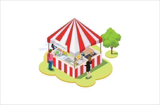 Modern Isometric Product Local market. Farmers selling healthy natural farming products in containers outdoor store with vegetables and fruits vector isometric concept. Suitable for Graphic Asset