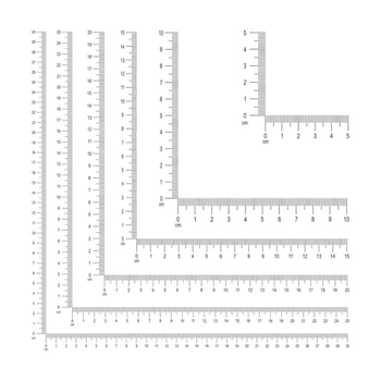 Set of corner ruler templates with centimeters and millimeters markup and numbers. Measuring tool with 5, 10, 15, 20, 25, 30 cm vertical and horizontal lines vector