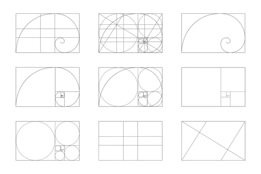 Golden ratio template set. Fibonacci sequence signs. Logarithmic spiral in rectangle frame fracted on lines, squares and circles. Ideal symmetry proportions layout vector