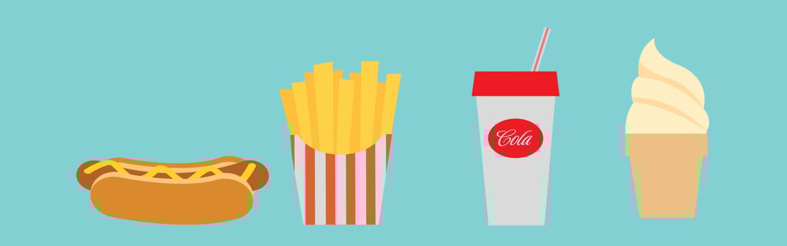Group Of Fast Food Products. Fast food items-hamburger, fries, hotdog, drink vector