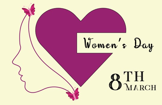 Women's day greeting card design. March 8, happy women's day background design with lady face and heart shape. Vector illustration