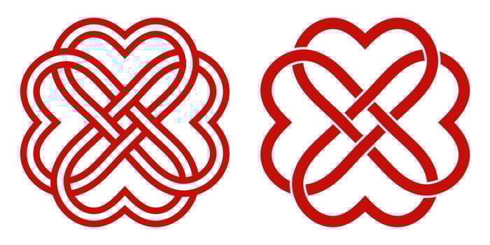 Celtic knot of red hearts in the shape of a flower, vector knot hearts symbol endless love mutual understanding and friendship