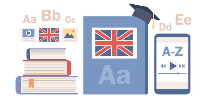 Learn foreign language icon set. English book icon. Textbook with flag of England. Online education concept. Vector flat illustration
