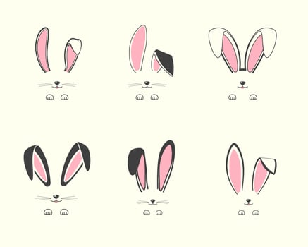 Easter bunny ear illustartion set, Bunny face with whiskers and paw vector