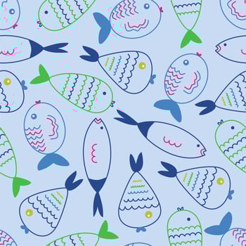 Doodle hand drawn different fishes on seamless background. Cartoon style. Colorful lines. Pattern. Light blue background. Wrapping paper, print, textile, fabric. vector