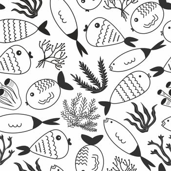 Doodle hand drawn different fishes and seaweeds on seamless background. Cartoon style. Monochrome lines. Pattern. White background. Wrapping paper, print, textile, fabric. vector