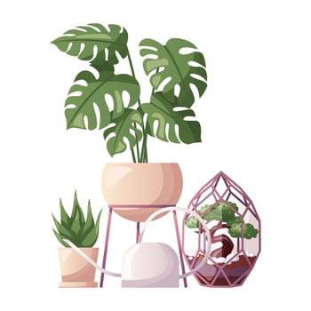 Collection of houseplants with water can. Indoor potted house plant in flowerpot. Home garden, greenhouse, florarium, gardening, plant lover. Domestic store poster, banner, cover, card. vector