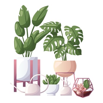 Collection of houseplants with water can. Indoor potted house plant in flowerpot. Home garden, greenhouse, florarium, gardening, plant lover. Domestic store poster, banner, cover, card. vector