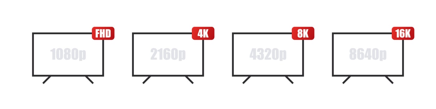 TV resolution icons set. Video image size. Full HD, 4k ultra HD, 8k 16k screen resolution badges. Vector illustration
