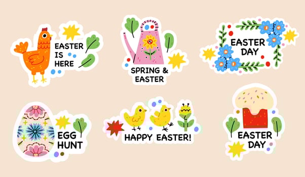 Easter spring doodle elements. Rabbit, flowers and chickens, cute easter theme symbols. Holiday easter icons cartoon illustration stickers with calligraphy text. Easter greeting cars. Hand draw child vector